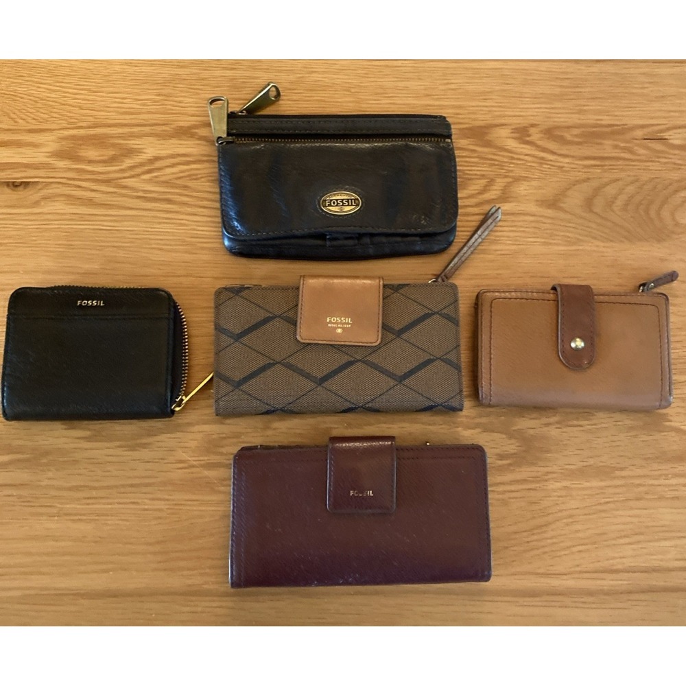 Fossil Leather Wallet Lot of 5 Zip Around Clutches Bifolds Black Tan Womens